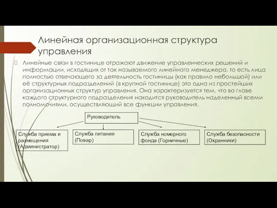 Линейная организационная структура управления Линейные связи в гостинице отражают движение управленческих решений