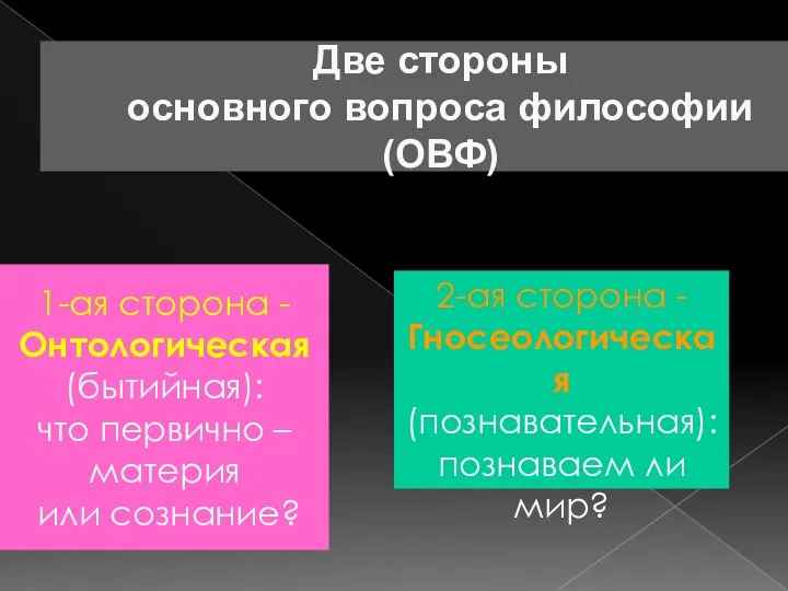 1-ая сторона - Онтологическая (бытийная): что первично – материя или сознание? Две