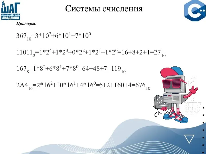 Системы счисления Примеры. 36710=3*102+6*101+7*100 110112=1*24+1*23+0*22+1*21+1*20=16+8+2+1=2710 1678=1*82+6*81+7*80=64+48+7=11910 2A416=2*162+10*161+4*160=512+160+4=67610