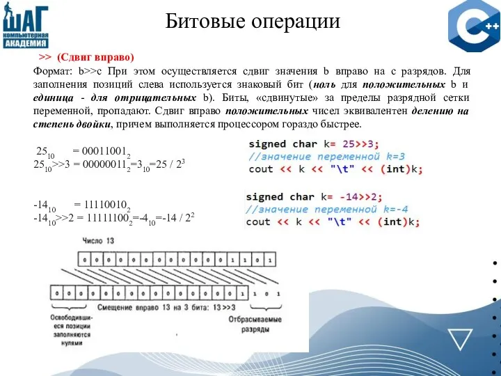 Битовые операции >> (Сдвиг вправо) Формат: b>>c При этом осуществляется сдвиг значения