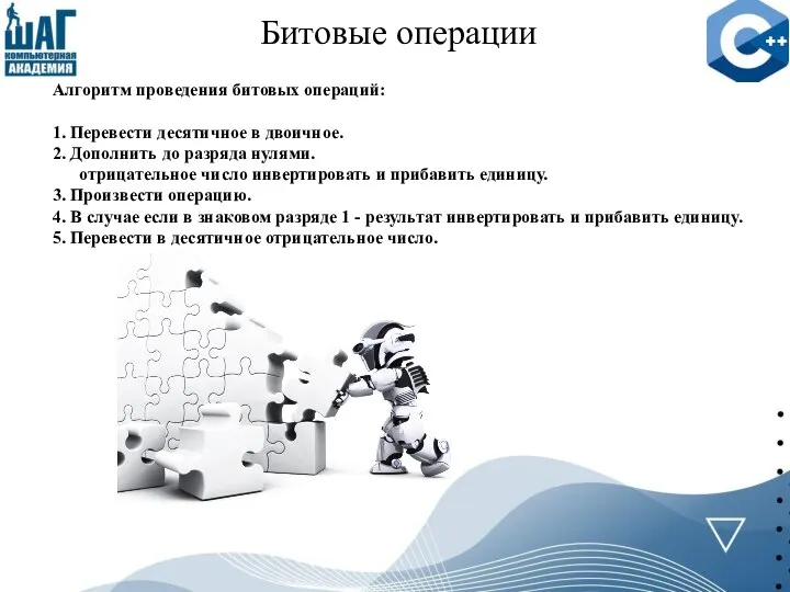 Битовые операции Алгоритм проведения битовых операций: 1. Перевести десятичное в двоичное. 2.