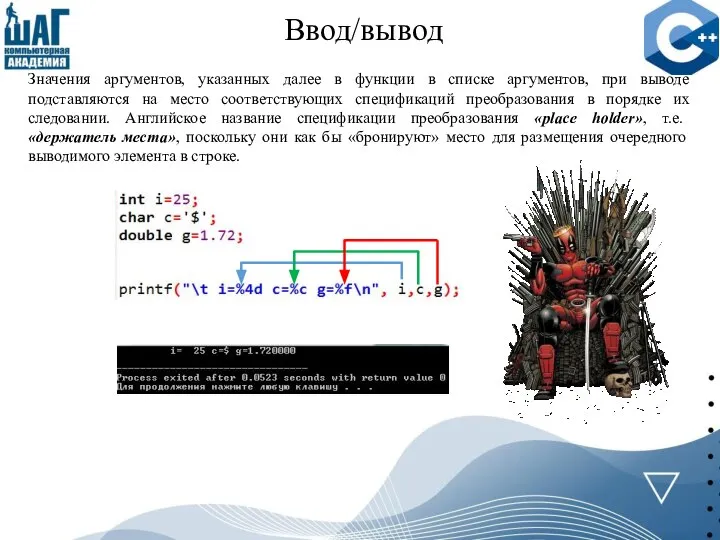 Ввод/вывод Значения аргументов, указанных далее в функции в списке аргументов, при выводе