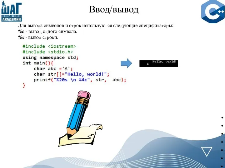 Ввод/вывод Для вывода символов и строк используются следующие спецификаторы: %c - вывод