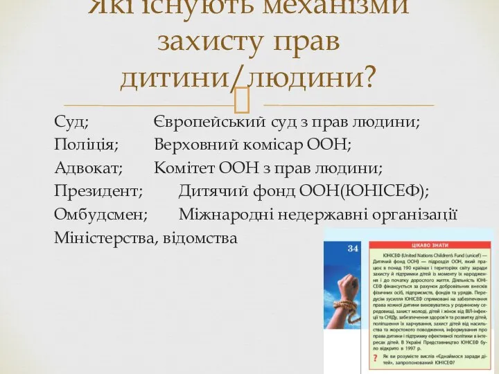 Суд; Європейський суд з прав людини; Поліція; Верховний комісар ООН; Адвокат; Комітет