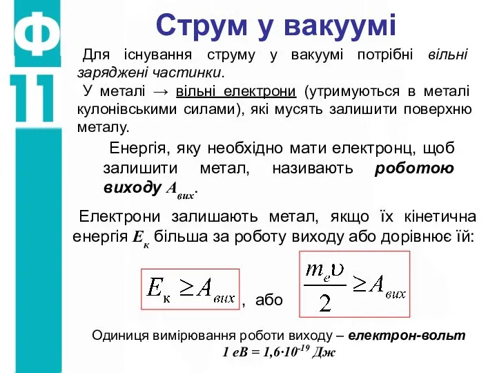 Струм у вакуумі Для існування струму у вакуумі потрібні вільні заряджені частинки.