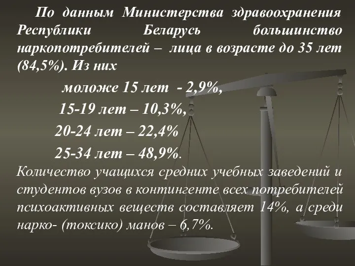 По данным Министерства здравоохранения Республики Беларусь большинство наркопотребителей – лица в возрасте