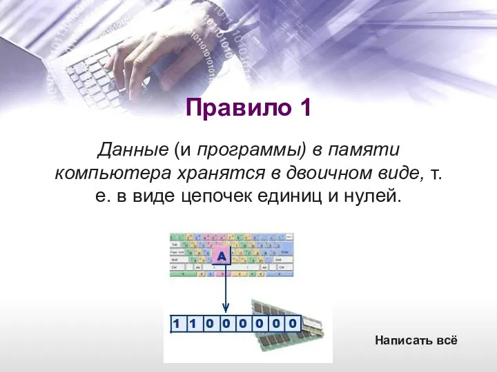 Правило 1 Данные (и программы) в памяти компьютера хранятся в двоичном виде,