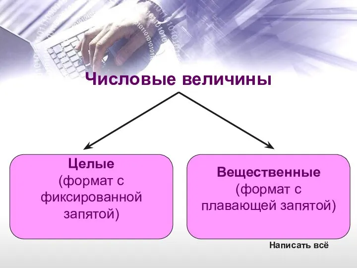 Числовые величины Целые (формат с фиксированной запятой) Вещественные (формат с плавающей запятой) Написать всё