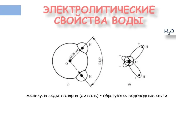 ЭЛЕКТРОЛИТИЧЕСКИЕ СВОЙСТВА ВОДЫ Н2О молекула воды полярна (диполь) – образуются водородные связи