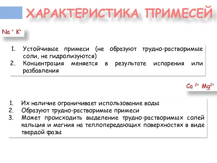 ХАРАКТЕРИСТИКА ПРИМЕСЕЙ Na + K+ Устойчивые примеси (не образуют трудно-растворимые соли, не