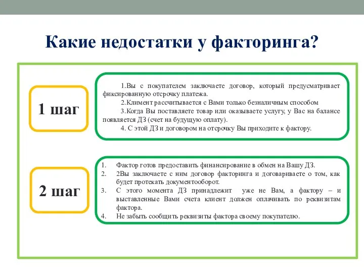 Какие недостатки у факторинга? 1 шаг 1.Вы с покупателем заключаете договор, который