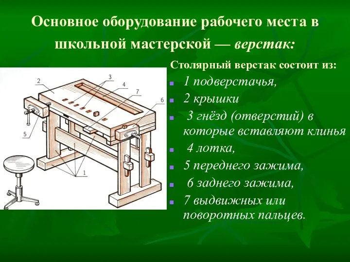 Основное оборудование рабочего места в школьной мастерской — верстак: Столярный верстак состоит