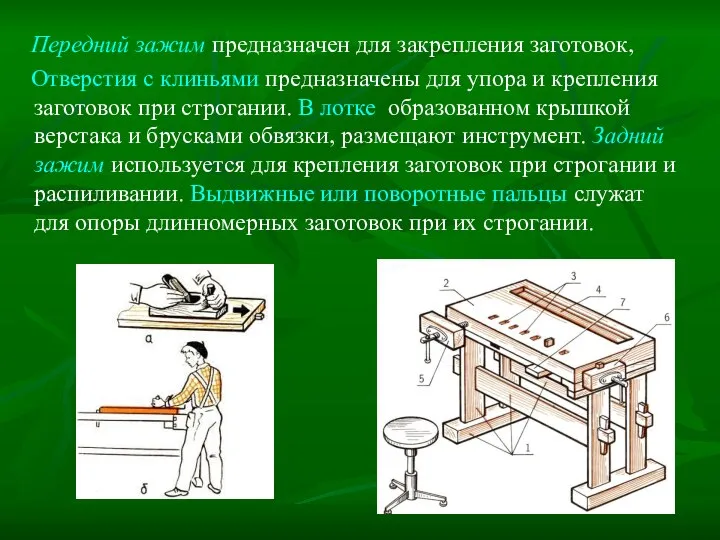 Передний зажим предназначен для закрепления заготовок, Отверстия с клиньями предназначены для упора