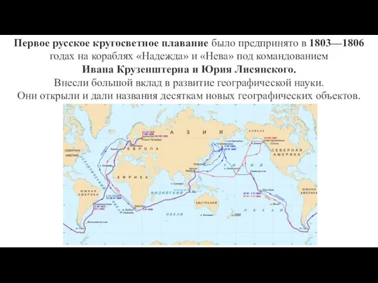 Первое русское кругосветное плавание было предпринято в 1803—1806 годах на кораблях «Надежда»