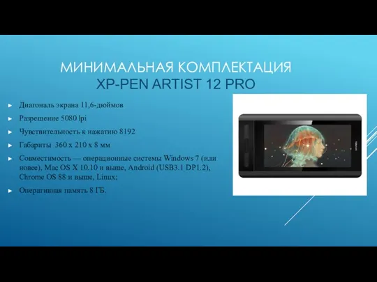 МИНИМАЛЬНАЯ КОМПЛЕКТАЦИЯ XP-PEN ARTIST 12 PRO Диагональ экрана 11,6-дюймов Разрешение 5080 lpi
