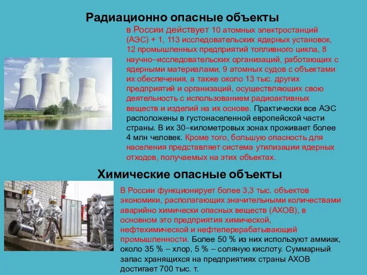 Радиационно опасные объекты Химические опасные объекты в России действует 10 атомных электростанций