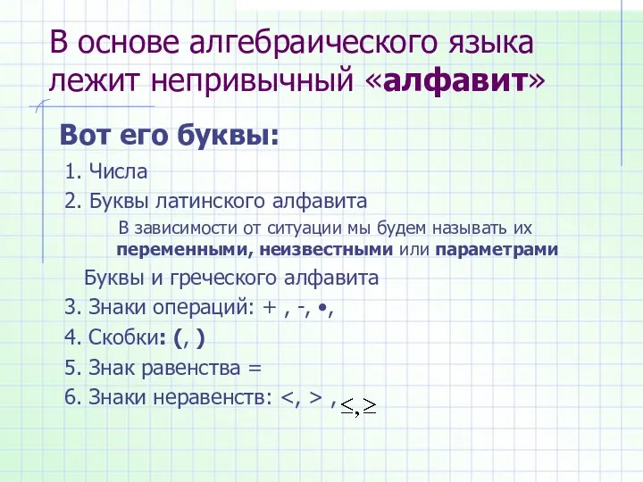 В основе алгебраического языка лежит непривычный «алфавит» 1. Числа 2. Буквы латинского