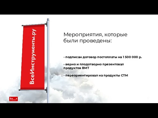 Мероприятия, которые были проведены: - подписан договор постоплаты на 1 500 000