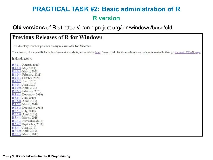 R version Vasily V. Grinev. Introduction to R Programming Old versions of