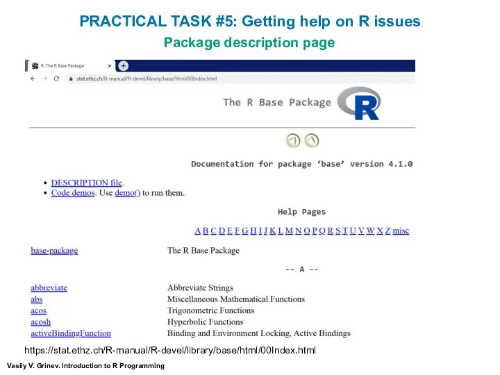 Vasily V. Grinev. Introduction to R Programming Package description page https://stat.ethz.ch/R-manual/R-devel/library/base/html/00Index.html PRACTICAL