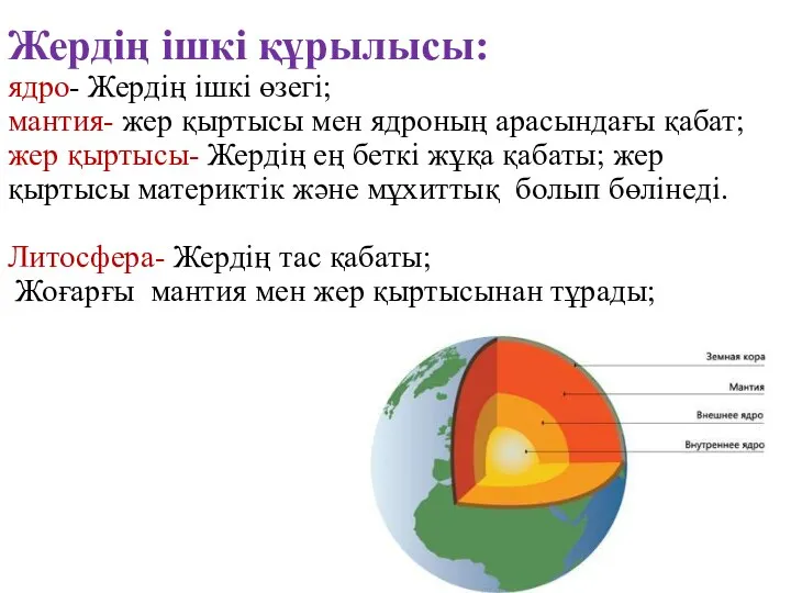 Жердің ішкі құрылысы: ядро- Жердің ішкі өзегі; мантия- жер қыртысы мен ядроның