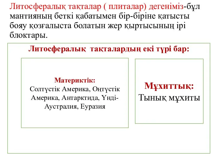 Литосфералық тақталар ( плиталар) дегеніміз-бұл мантияның беткі қабатымен бір-біріне қатысты бояу қозғалыста