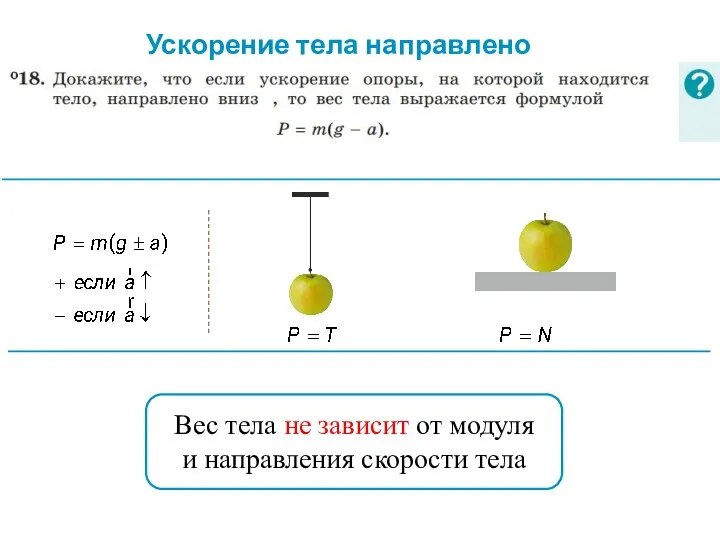 Ускорение тела направлено вниз Вес тела не зависит от модуля и направления скорости тела