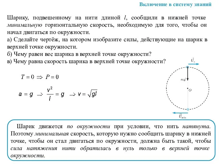 Шарику, подвешенному на нити длиной l, сообщили в нижней точке минимальную горизонтальную