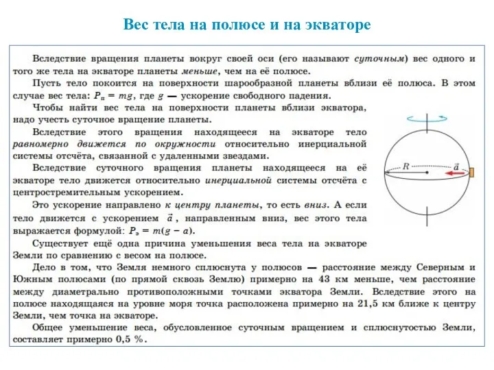 Вес тела на полюсе и на экваторе