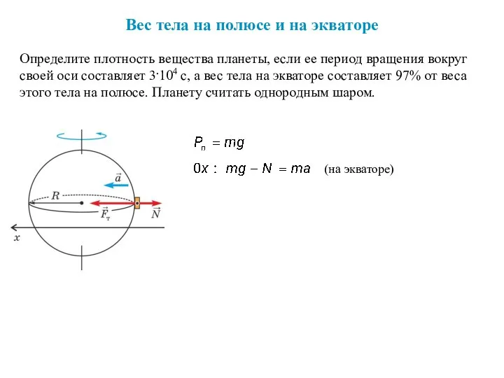 Вес тела на полюсе и на экваторе Определите плотность вещества планеты, если