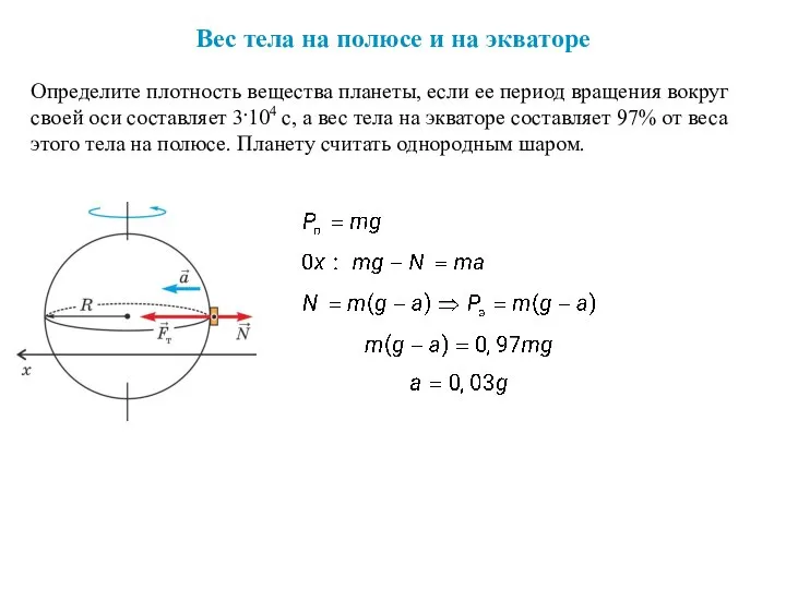 Вес тела на полюсе и на экваторе Определите плотность вещества планеты, если