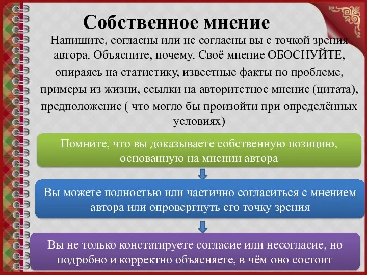 Собственное мнение Напишите, согласны или не согласны вы с точкой зрения автора.