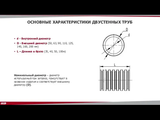 ОСНОВНЫЕ ХАРАКТЕРИСТИКИ ДВУСТЕННЫХ ТРУБ d - Внутренний диаметр D - Внешний диаметр