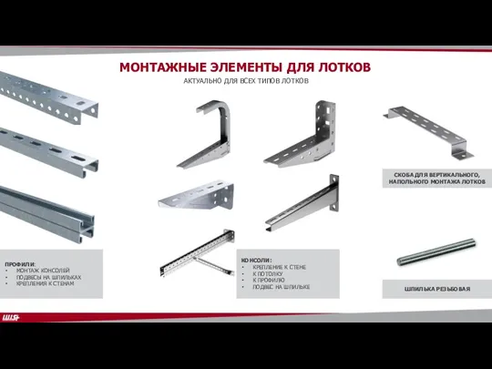 МОНТАЖНЫЕ ЭЛЕМЕНТЫ ДЛЯ ЛОТКОВ АКТУАЛЬНО ДЛЯ ВСЕХ ТИПОВ ЛОТКОВ ПРОФИЛИ: МОНТАЖ КОНСОЛЕЙ