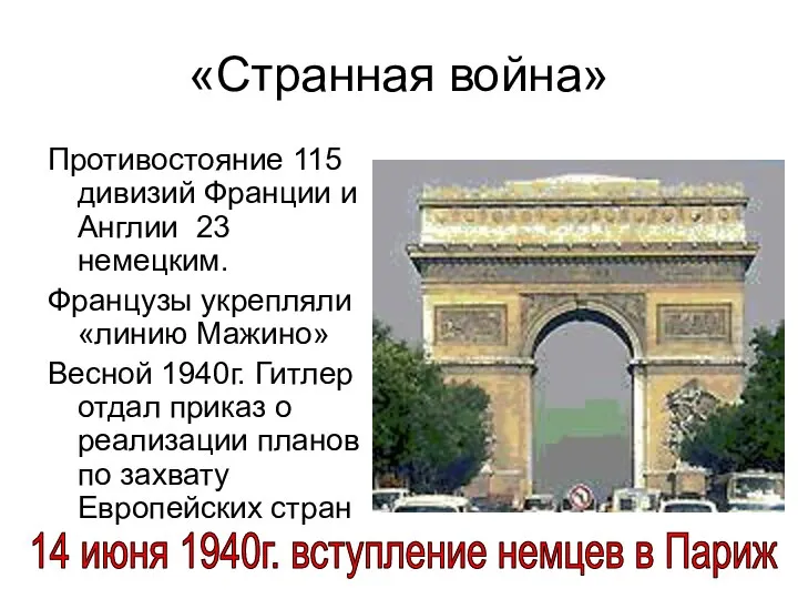 «Странная война» Противостояние 115 дивизий Франции и Англии 23 немецким. Французы укрепляли