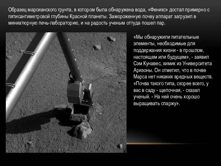 Образец марсианского грунта, в котором была обнаружена вода, «Феникс» достал примерно с