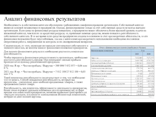 Анализ финансовых результатов Необходимость в собственном капитале обусловлена требованиями самофинансирования организации. Собственный