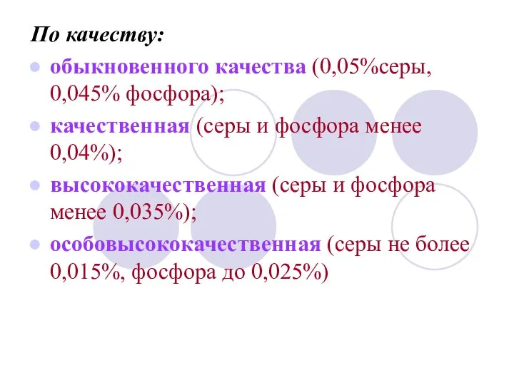 По качеству: обыкновенного качества (0,05%серы, 0,045% фосфора); качественная (серы и фосфора менее