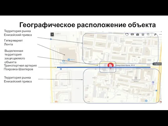 Географическое расположение объекта Территория рынка Енисейский привоз Транспортная артерия Покровка-Шахтеров Территория рынка