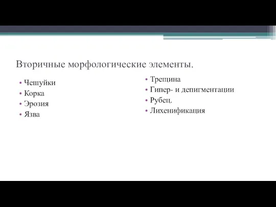 Вторичные морфологические элементы. Чешуйки Корка Эрозия Язва Трещина Гипер- и депигментации Рубец. Лихенификация