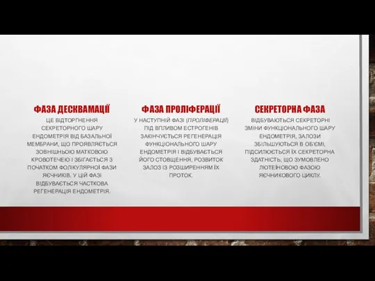 ФАЗА ДЕСКВАМАЦІЇ ЦЕ ВІДТОРГНЕННЯ СЕКРЕТОРНОГО ШАРУ ЕНДОМЕТРІЯ ВІД БАЗАЛЬНОЇ МЕМБРАНИ, ЩО ПРОЯВЛЯЄТЬСЯ