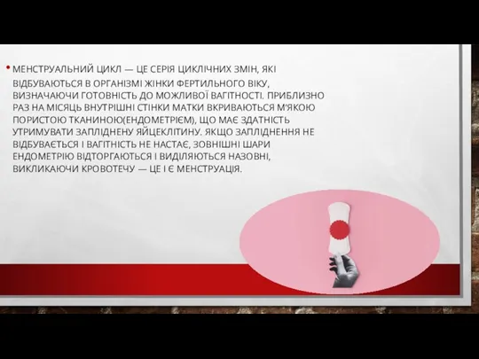 МЕНСТРУАЛЬНИЙ ЦИКЛ — ЦЕ СЕРІЯ ЦИКЛІЧНИХ ЗМІН, ЯКІ ВІДБУВАЮТЬСЯ В ОРГАНІЗМІ ЖІНКИ