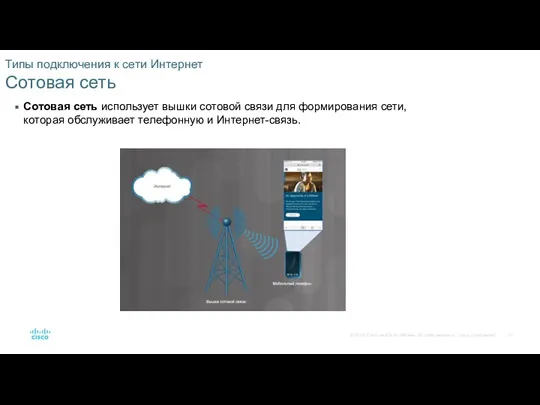 Типы подключения к сети Интернет Сотовая сеть Сотовая сеть использует вышки сотовой