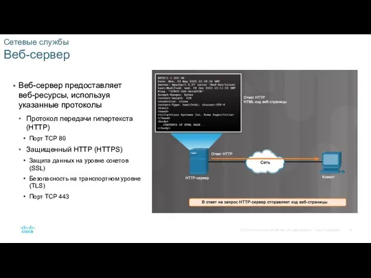 Сетевые службы Веб-сервер Веб-сервер предоставляет веб-ресурсы, используя указанные протоколы Протокол передачи гипертекста
