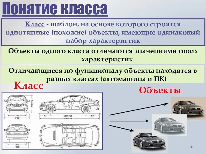 Понятие класса Класс - шаблон, на основе которого строятся однотипные (похожие) объекты,