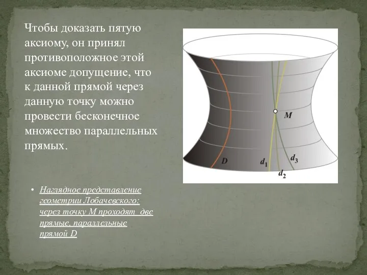 Чтобы доказать пятую аксиому, он принял противоположное этой аксиоме допущение, что к