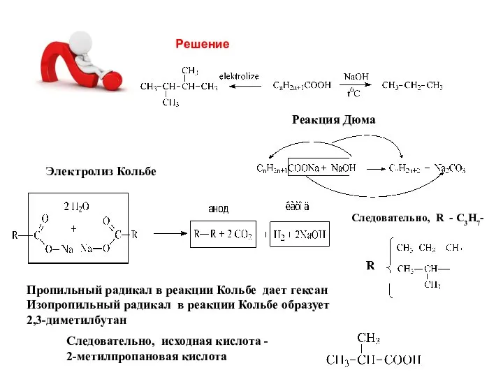 Решение Реакция Дюма Электролиз Кольбе Следовательно, исходная кислота - 2-метилпропановая кислота Следовательно,