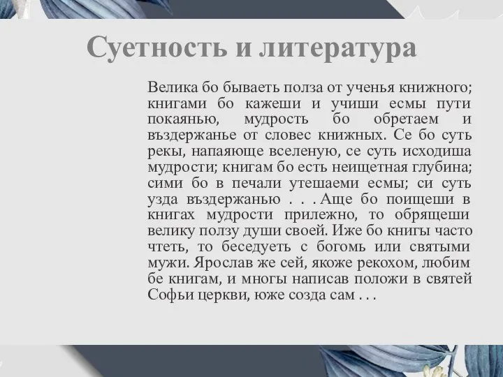 Суетность и литература Велика бо бываеть полза от ученья книжного; книгами бо