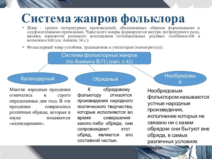 Система жанров фольклора Жанр - группа литературных произведений, объединенных общими формальными и