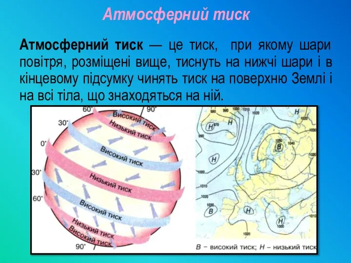 Атмосферний тиск Атмосферний тиск — це тиск, при якому шари повітря, розміщені